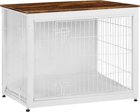 DWANTON Dog Crate Furniture with Cushion, Wooden Kennel Table with Double Doors, Indoor Dog House, Large Size, 38.5" L, White+Rustic Brown-PurrikoPets