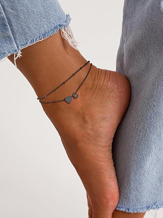Suplight Stainless Steel Initial Ankle Bracelets for Women Layered Dainty Heart Anklet Beaded Anklets for Women Waterproof Plus Size Ankle Foot Chain Summer Essentials Jewelry(with Gift Box)