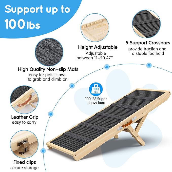 Dog Ramp for Couch, Bed, Wooden Long Pet Stairs for Small & Large Old Dogs & Cats, Hold up to 100lb, Adjustable Height from 11.41" to 20.47", Portable Doggie Steps (39.37" Long)-PurrikoPets