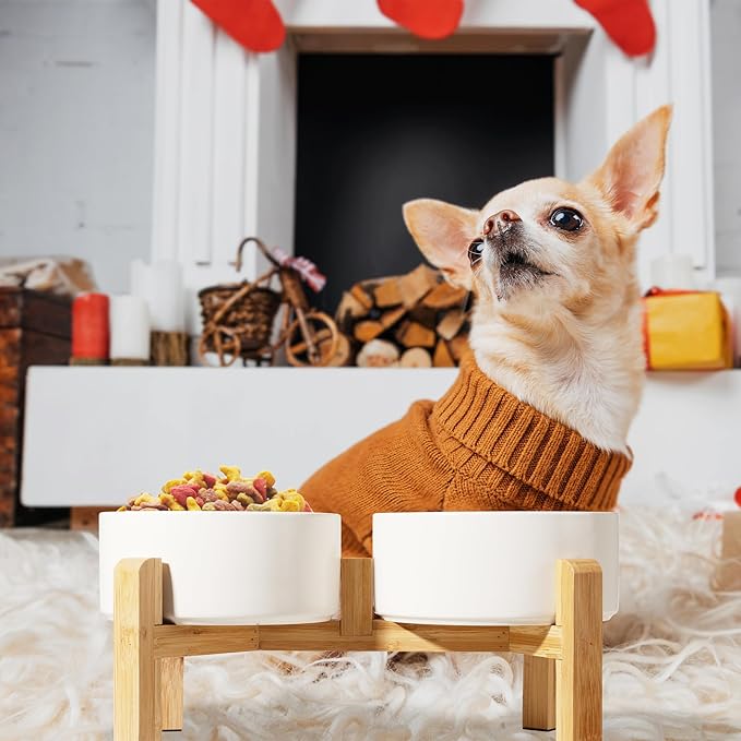 Elevated Ceramic Dog Bowl Set - Raised Dog Bowls with Non-Slip Bamboo Stand - Dog Food and Water Bowl Set - Double Dog Feeding Bowls - Suitable for Small and Medium Dogs - 28.74 OZ - 3.6 CUPS - 850 ML-PurrikoPets