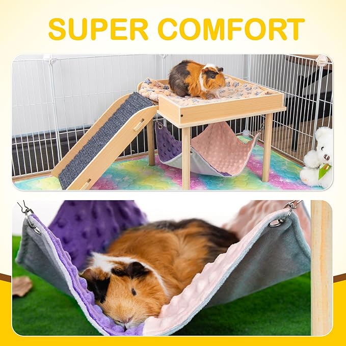 Enlarged Guinea Pig Hammock with Platform and Stairs,Wooden Small Animal Hideout for Guinea Pigs Bunny Ferret Hamster Hiding Sleeping Activities(Single)-PurrikoPets