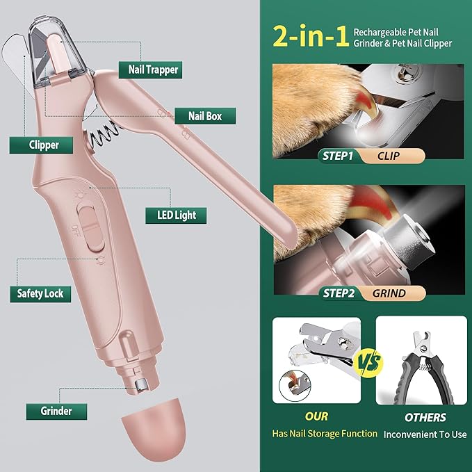 2 in 1 Cat Nail Clippers & Dog Nail Clippers Trimmers for Large Medium Small Dogs Cats Claw Trimmer Quick Sensor and Safety Guard USB Rechargeable with 2 LED Lights Dogs Nail Trimmer-PurrikoPets