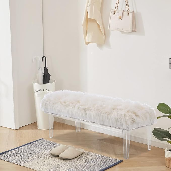 46 Inch White Bedroom Bench, Benches for Bedroom White Faux Fur Upholstered Bed end Bench, Tufting Ottoman Bench Indoor Bench with Acrylic Legs for Living Room Bedroom Entryway-PurrikoPets