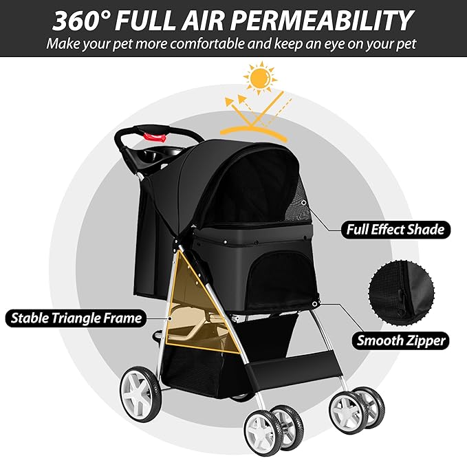4 Wheels Pet Stroller for Small Medium Dogs Cats 10-33 lbs, Foldable Dog and Cat Stroller with Cup Holder & Storage Basket & Breathable Mesh, Pet Strolling Cart for All-Season, Black-PurrikoPets