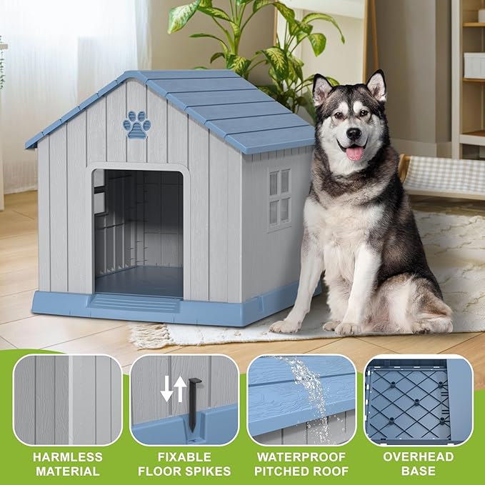 DRATO Dog House Indoor Outdoor for Small to Large Sized Dogs Indoor Outdoor Doghouse Puppy Shelter with Elevated Floor, Easy to Assemble (Blue, 31Inch(31.18 * 33.7 * 32.52))-PurrikoPets