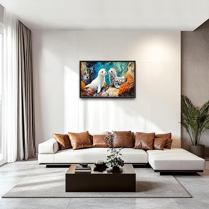 Extra Large Seal Framed Wall Art for Living Room,Oversized Underwater Animal Pictures Wall Decor,Ocean Coral Reef Canvas Print Painting Modern Artwork Bedroom Office Bathroom 36L" x 24W"-PurrikoPets