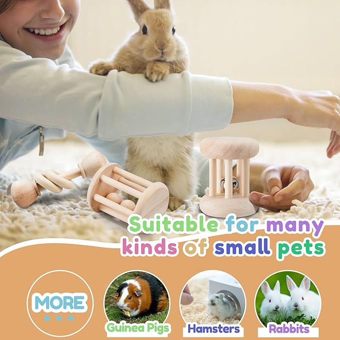3 Pcs Wooden Bunny Toys - Safe Rabbit & Guinea Pigs Teeth Grinding Toys for Chinchillas, Hamsters & Small Animals - Indoor & Outdoor-PurrikoPets