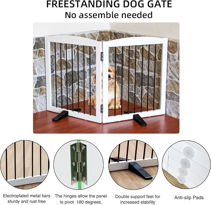 Freestanding Panel Dog Gate for Indoor, Doorways,Stairs, or Hallways,Foldable Wooden Dog Gates for House,Pet Gate for Dogs,Dog Fence, Puppy Gate,Support Feet Included,32 "Height-2 Panels,White-PurrikoPets