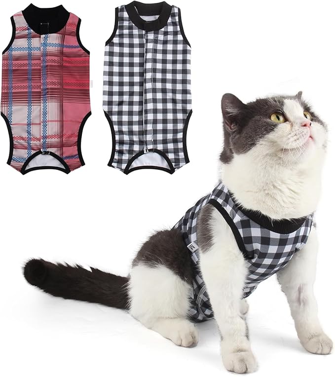 2 Packs Cat Surgery Recovery Suit Surgical Clothes Abdominal Wounds Anti-Licking Cat Bodysuit Onesie Substitute E-Collar& Cone-PurrikoPets