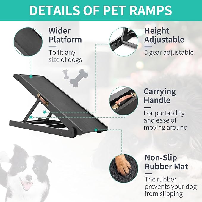 Dog Ramp, Adjustable Height Wooden Folding Pet Ramp for Bed, Couch,SUV-High Traction, Portable Paw Ramps for Small & Large Old Dogs & Cats - Furniture Quality-PurrikoPets