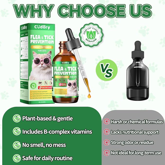 Flea & Tick Support for Cats – Natural Herbal Drops with Multivitamin – Fleas and Ticks Comfort Formula for Cat All Breeds & Ages – Bacon Flavor-PurrikoPets