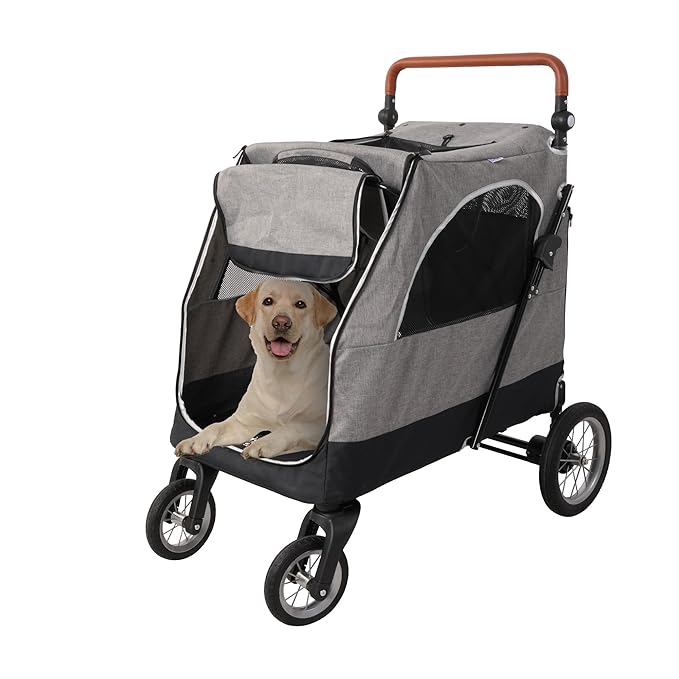4 Wheel Pet Stroller with Storage Basket - Foldable & Breathable with Mesh Skylight, Large Dog Stroller with Adjustable Handle - Ideal for Travel and Walking with Medium to Large Dogs, Up to 120 lbs-PurrikoPets