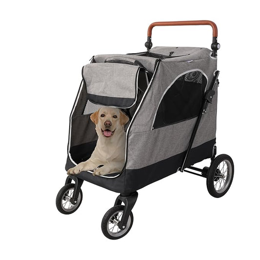 4 Wheel Pet Stroller with Storage Basket - Foldable & Breathable with Mesh Skylight, Large Dog Stroller with Adjustable Handle - Ideal for Travel and Walking with Medium to Large Dogs, Up to 120 lbs-PurrikoPets
