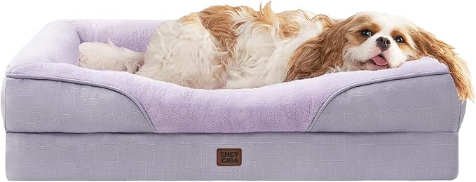 EHEYCIGA Memory Foam Dog Bed for Large Sized, Orthopedic Dog Sofa with Sides and Waterproof Liner, Washable Bolster Pet Couch with Removable Cover, 36x27x7 Inch, Purple-PurrikoPets