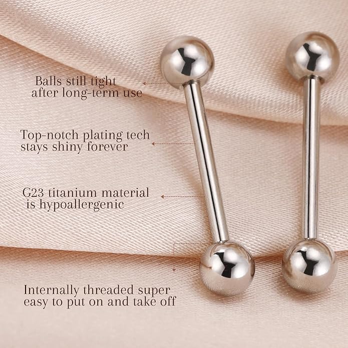 AROWRO Nipple Piercing Jewelry G23 Titanium Nipple Rings Tongue Rings Nipple Bar 14G Internally Threaded Straight Barbells Bridge Piercing Jewelry 12mm-20mm