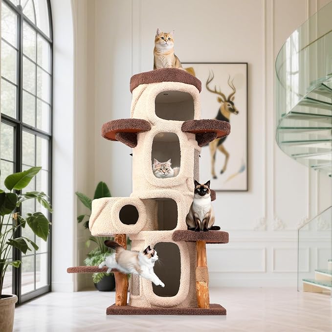 69.69'' Modern Cat Tree for Indoor Cats Large Adult, Luxury Cat Tower with Scratching Post, Multi Level Spacious Condo, Heavy Duty Kitty House, Sturdy Cat Activity Center for Large Cat-PurrikoPets