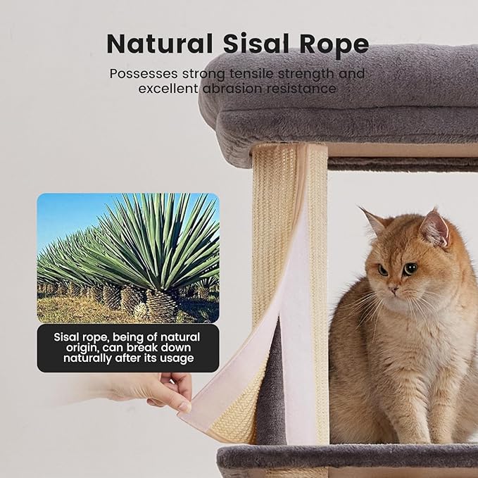 Gardner Pet 65in Heavy Duty Cat Tree Tower for Large Cats, Multi-Level Cat Furniture with Replaceable Sisal Scratching Post, Hammock | Extra-Large Platform & Condo (Upgraded Grey)-PurrikoPets