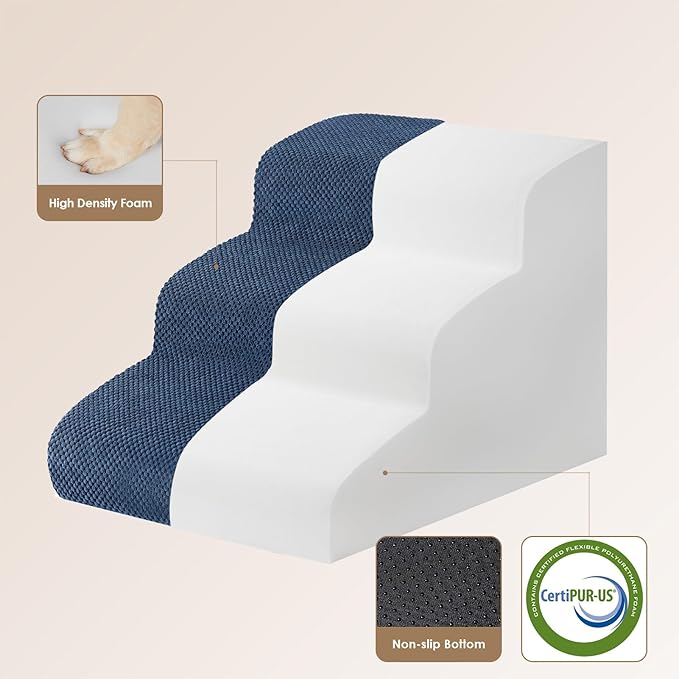 EHEYCIGA Curved Dog Stairs Ramp for Small Dogs 15.7" H, 3-Step Dog Steps for Couch Sofa and Chair, Pet Stairs for Cats, Non-Slip Balanced Pet Steps Indoor, Navy-PurrikoPets