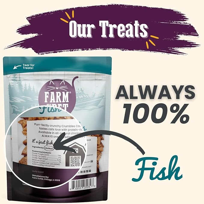 Farm To Pet - Cat Treat Crumbles - 3 oz Single Ingredient Fish Treat and Snacks - Healthy for Indoor Cats and Kitten - Essential Products (Mix with Wet/Dry Food)-PurrikoPets
