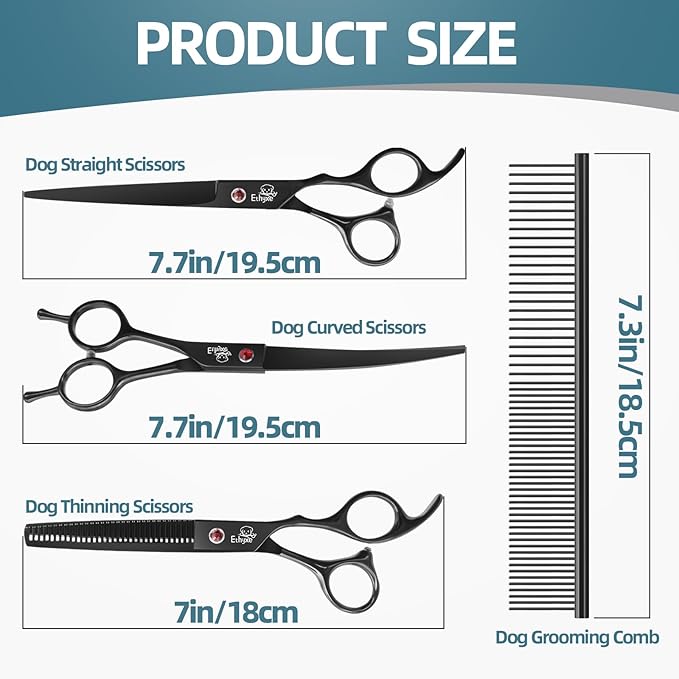 7.0" Professional Dog Grooming Scissors Kit – 3-Piece Set with Straight, Curved & Thinning Shears, Black Japanese Stainless Steel, Includes Grooming Comb for Dogs & Cats-PurrikoPets