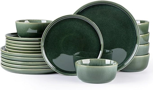 GBHOME Ceramic Dinnerware Sets for 6, 18 Pieces Stoneware Plates and Bowls Sets, Reactive Glaze Dishes -Scratch Resistant, Dishwasher&Microwave Safe, Earth Green-PurrikoPets