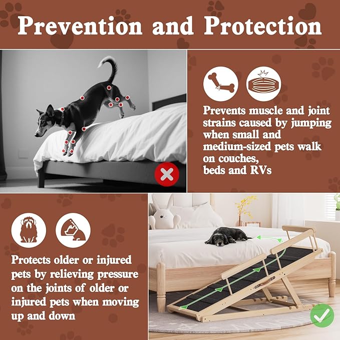 Dog Ramp for High Bed, Couch, Car, Pet Ramps 55.12" Long Adjustable 19.7"-27.6" Wooden Dog Step with High Traction Mat & Safety Side Rails for Small Medium Large Older Pets, up to 250 lbs-PurrikoPets