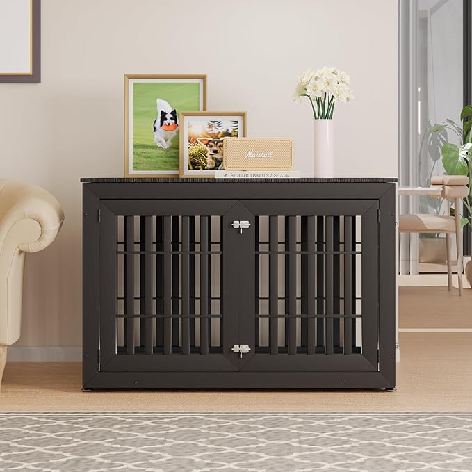 48" Heavy Duty Dog Crate Furniture for Small,Medium and Large Dogs,Rustic Wooden Dog Cage Kennel Indoor Furniture with Waterproof Top,Decorative Pet House Side End Table (Black)-PurrikoPets