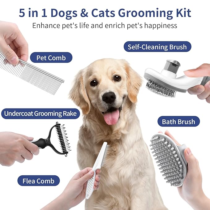 5 in 1 Dog Grooming Kit - Self-Cleaning Slicker Brush for Shedding Short Long Haired Dogs & Cats, Includes Pet Comb, Flea Comb, Bath Brush, Undercoat Rake - Complete Fur Care Set - Gray-PurrikoPets
