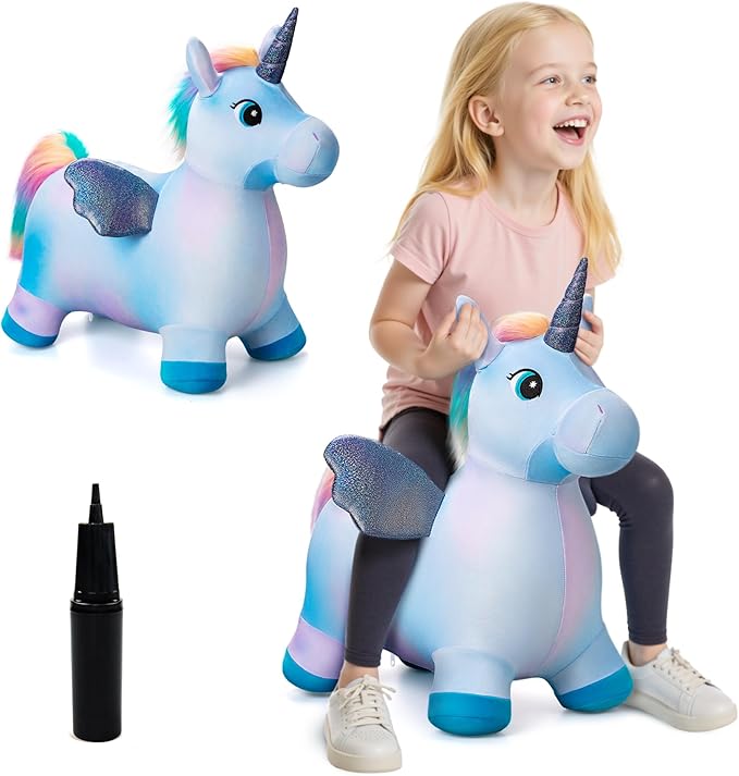 EVERICH TOY Unicorn Bouncy Horses Inflatable Plush Hopping Toy Bouncing Hopper Animals for Toddlers,Outdoor&Indoor Bouncy Animals for Toddlers,Gift for 18 Months 2 3 4 Year Old (W/Pump)-PurrikoPets