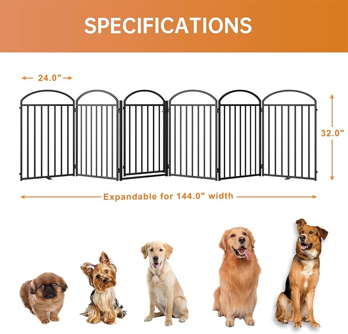 6 Panles Full Matel Freestanding Dog Gates with Door, 144"Extra Wide 32"Tall Free Standing Dog Pet Gate for Indoor & Outdoor. Foldable Pet Fences for Doorways, House, Stairs, Porch, Deck, Yard-PurrikoPets