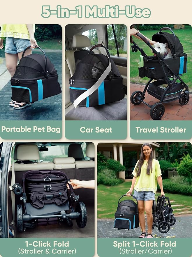 Dog Stroller, Cat Strollers, 5-in-1 Pet Stroller with Detachable Waterproof Carrier for Small/Medium Dogs Cats up to 55lbs, All-in-One Fold Without Detaching Carrier for Dogs Cats 10 lbs to 55 lbs-PurrikoPets