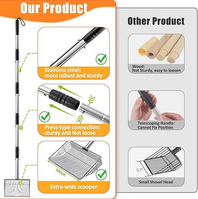 Esmorah 10 Inch Large Metal Chicken Poop Scooper for Sand & Coop Cleaning - Long Sifting Shovel with 24"-68" Adjustable Handle, 5 Lengths Heavy Duty Stainless Steel-PurrikoPets