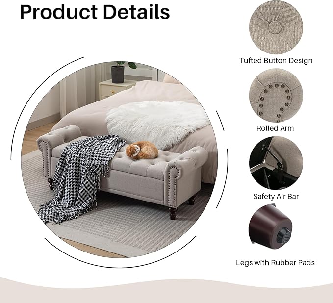 58.1'' Storage Bench Upholstered Linen End of Bedroom Bed Bench Ottoman with Tufted Cushioned Rolled Arm Large Storage Space for Reading Living Room Entryway, Light Brown-PurrikoPets