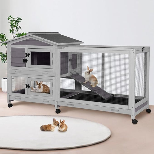 62" Rabbit Hutch with Chew-Proof Ramp & Waterproof Roof - Indoor/Outdoor Bunny Cage, 2-Story Design, 6 Lockable Caster Wheels & Dual Pull-Out Trays (Grey)-PurrikoPets
