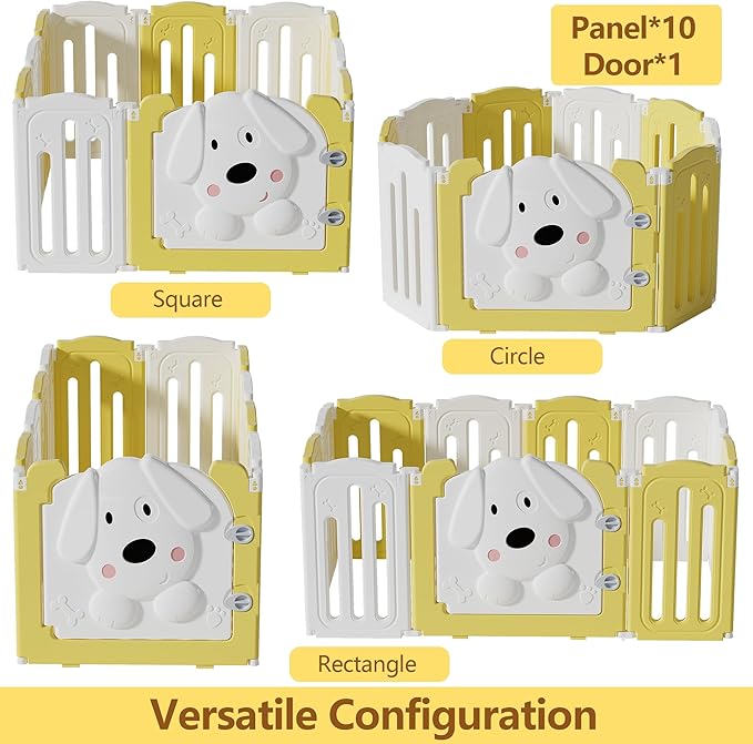 Foldable Dog Play Pen Indoors, Non-Slip Sturdy Puppy Playpen with Door, 25.5" H 10-Panel Adjustable Shape Dog Fence Pen for Small/Medium Dogs, Thickened, Easy to Store, White+Yellow-PurrikoPets