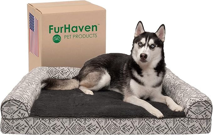 Furhaven Orthopedic Dog Bed for Large Dogs w/ Removable Bolsters & Washable Cover, For Dogs Up to 95 lbs - Plush & Southwest Kilim Woven Decor Sofa - Boulder Gray, Jumbo/XL-PurrikoPets