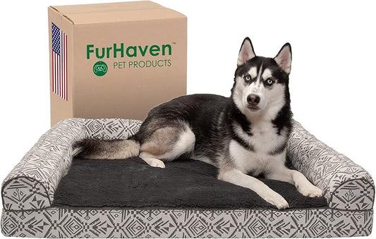 Furhaven Orthopedic Dog Bed for Large Dogs w/ Removable Bolsters & Washable Cover, For Dogs Up to 95 lbs - Plush & Southwest Kilim Woven Decor Sofa - Boulder Gray, Jumbo/XL-PurrikoPets