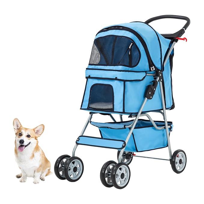 Dog Stroller, Folding 4 Wheels Pet Stroller for Small Medium Dog Cat Travel Carrier with Weather Cover Storage Basket Cup Holders Blue-PurrikoPets