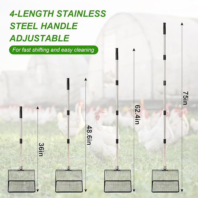 10inch Large Metal Chicken Poop Scooper, 36" to 75" Long Chicken Coop Litter Scoop with Stainless Steel Adjustable Handle, 4 in 1 Detachable Litter Sifting Shovel Scoop for Chicken Coop Accessories-PurrikoPets