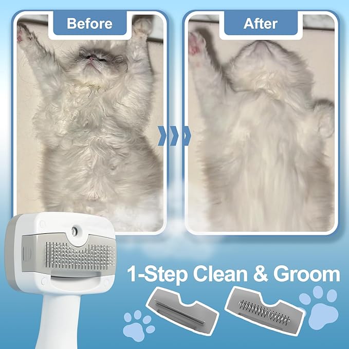 5 in 1 Pet Steam Brush for Dogs & Cats – Self Cleaning, 3 Pet Brush for Smoothing, Dematting, Thinning – Shedding, Grooming & Hair Removal, Includes Shampoo & Storage Case (8.0"-promax)-PurrikoPets