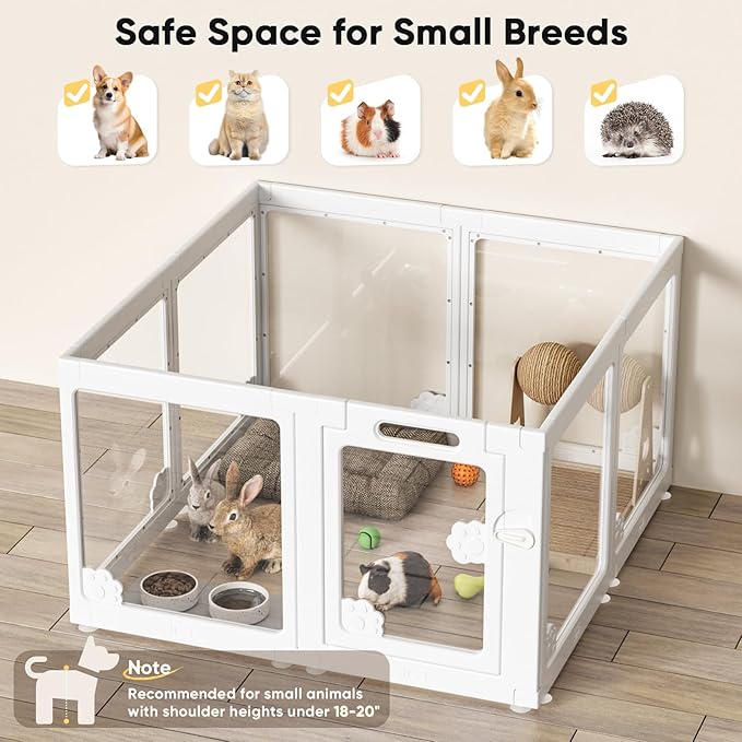 Acrylic Clear Dog Play Pen Indoors, Puppy Playpen with Door for Small Dogs Puppies, Transparent Plastic Pet Playpen Cage Fence Crate Kennel for Cat Kitten Rabbit Bunny Ferret etc (White-8 Panels)-PurrikoPets