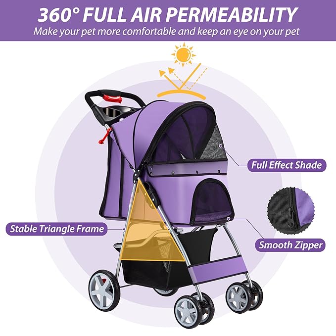 4 Wheels Pet Stroller for Small Medium Dogs Cats 10-33 lbs, Foldable Dog and Cat Stroller with Cup Holder & Storage Basket & Breathable Mesh, Pet Strolling Cart for All-Season, Purple-PurrikoPets