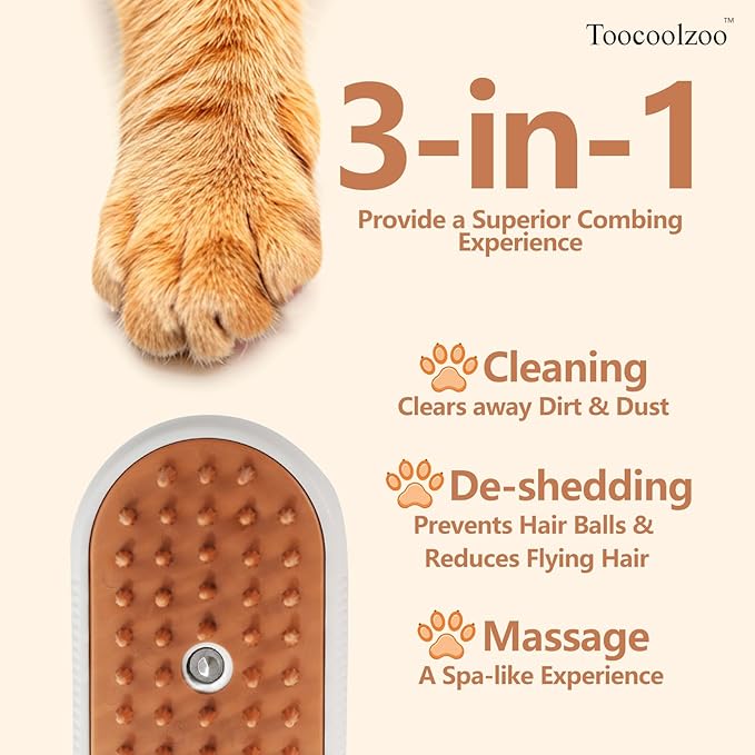 3-in-1 Cat Steam Brush, Rechargeable Cat Brush with Steam, Spritz Defur Comb for Dogs, Spritz Defur Comb for Cats (White)-PurrikoPets