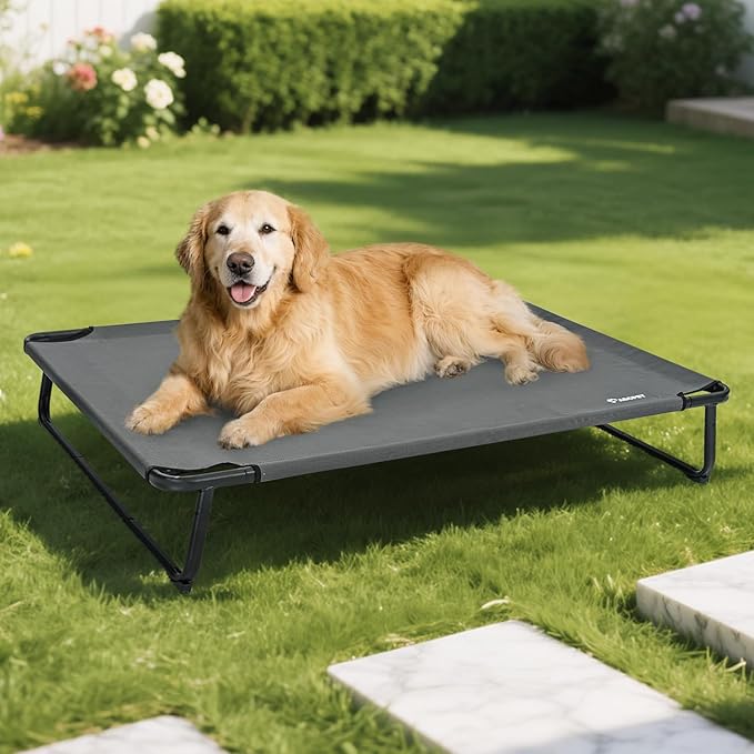 Elevated Dog Bed, Outdoor Dog Bed Large Raised Cooling Pet Beds Cots Waterproof Stable and Easy Assembly, Teslin Fabric with 1.2mm Thick Iron Frame, Breathable, Ultra-Sturdy，Grey, 42”*28“*8”-PurrikoPets