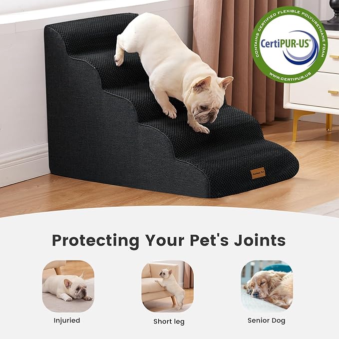 Gardner Pet Dog Stairs for Small Dogs 22.8" H, 5-Step Black Curved Pet Stairs, Dog Steps for High Bed, Couch (24-30 in) with Durable Non-Slip Waterproof Fabric Cover and CertiPUR-US Certified Foam-PurrikoPets