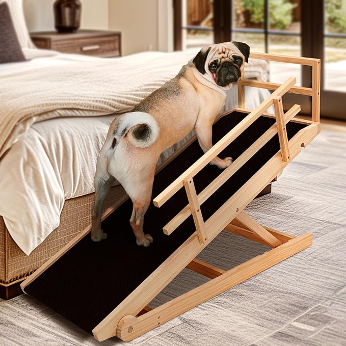Dog Ramp for Bed, Adjustable Pet Ramps for Dog to Get on Bed, Non-Slip Rubber Surface - Folding Wooden Dog Ramp for Small/Large/Old Dogs, Adjustable up to 27.5 inch High Beds, Safety Railings-PurrikoPets