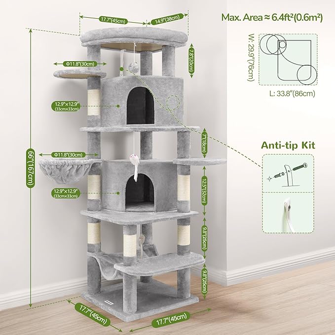 Globlazer Corner Cat Tree for Large Cats, 66inch Tall Curved Series Large Cat Tower for Multiple Indoor Cats with 6 Scratching Posts, 2 Spacious Cat Condos, Hammock, Hanging Basket, C66, Light Grey-PurrikoPets