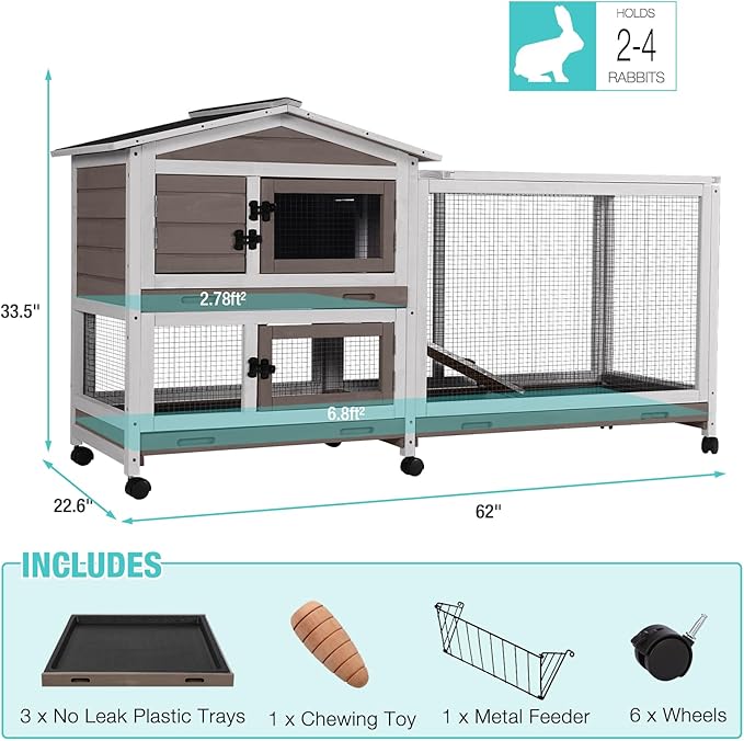 62" Rabbit Hutch with Chew-Proof Ramp & Waterproof Roof - Indoor/Outdoor Bunny Cage, 2-Story Design, 6 Lockable Caster Wheels & Dual Pull-Out Trays (Brown)-PurrikoPets