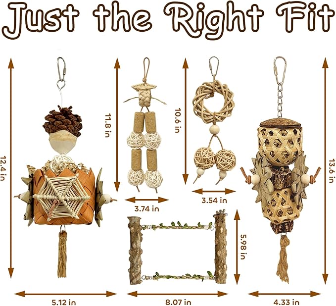 5-Pack Natural Hanging Basket Bird Toys – Foraging & Chewing Toys for Parakeets, Cockatiels, Conures & Small Birds – No Plastic, All-Natural Materials-PurrikoPets