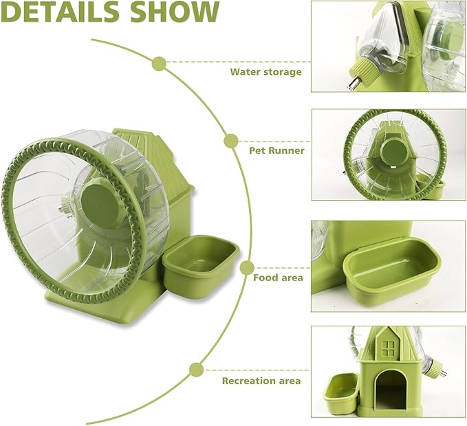 4 in 1 Silent Large Hamster Wheel Multifunctional Hamster Running Wheel Quite Running Spinner Wheel Accessories with Food Bowl Water Bottle for Hamsters Dwarf Gerbil (Green)-PurrikoPets